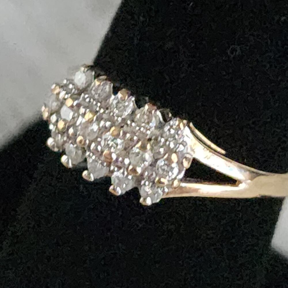 14K Fine Yellow Gold Diamond Cluster 3 Tier Open Work Accent Ring - Picture 12 of 14